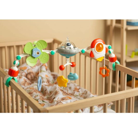 Arcada cu jucarii muzicale si carusel pentru patut sau carucior Nava Spatiala