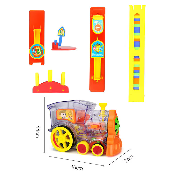 Tren cu domino, 60 piese colorate, distribuite automat de locomotiva