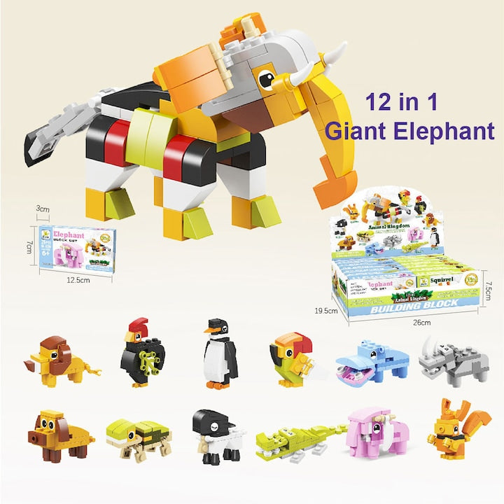 Set de constructie animale 12 in 1, 12 piese, culori asortate, pentru copii 3+
