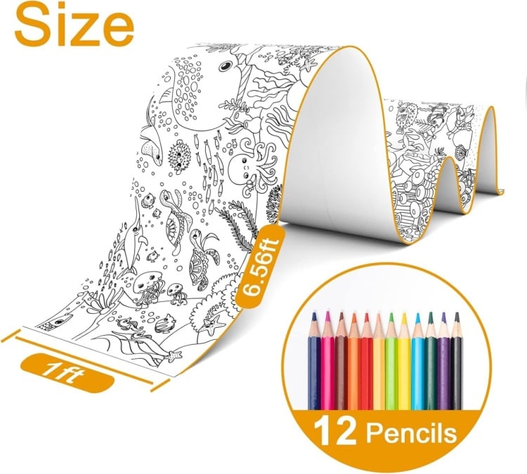 Plansa de colorat tip rulou autoadeziv pentru copii 200 x 30 cm, 12 creioane colorate