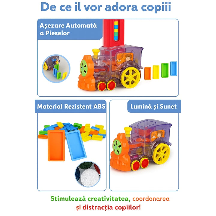 Tren cu domino, 60 piese colorate, distribuite automat de locomotiva