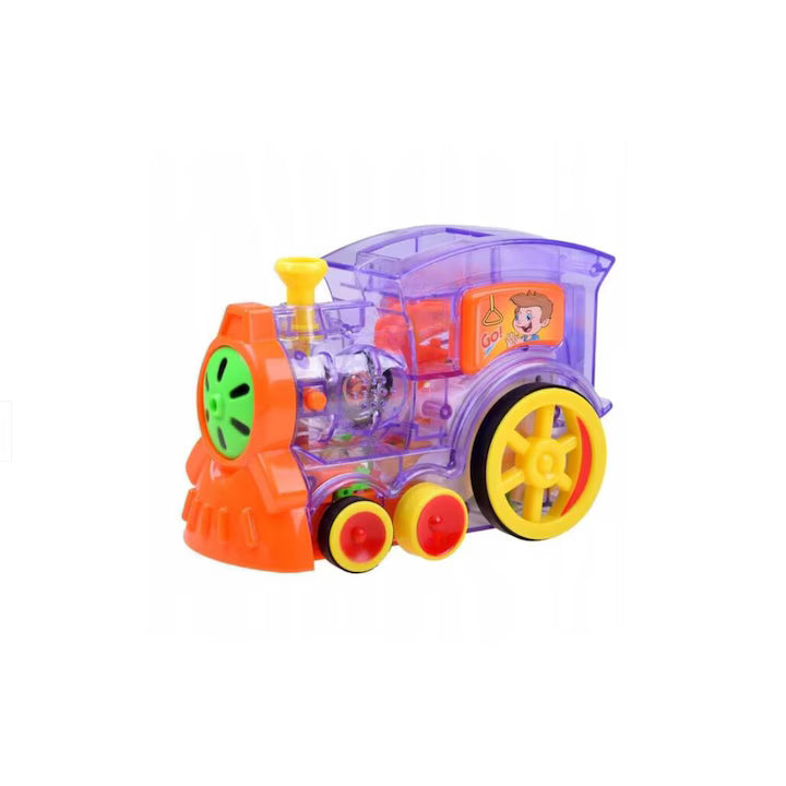 Tren cu domino, 100 piese colorate, distribuite automat de locomotiva