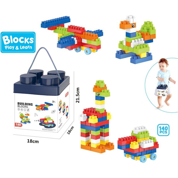 Set 140 de piese de construit Building Blocks SOLTOY® albastru