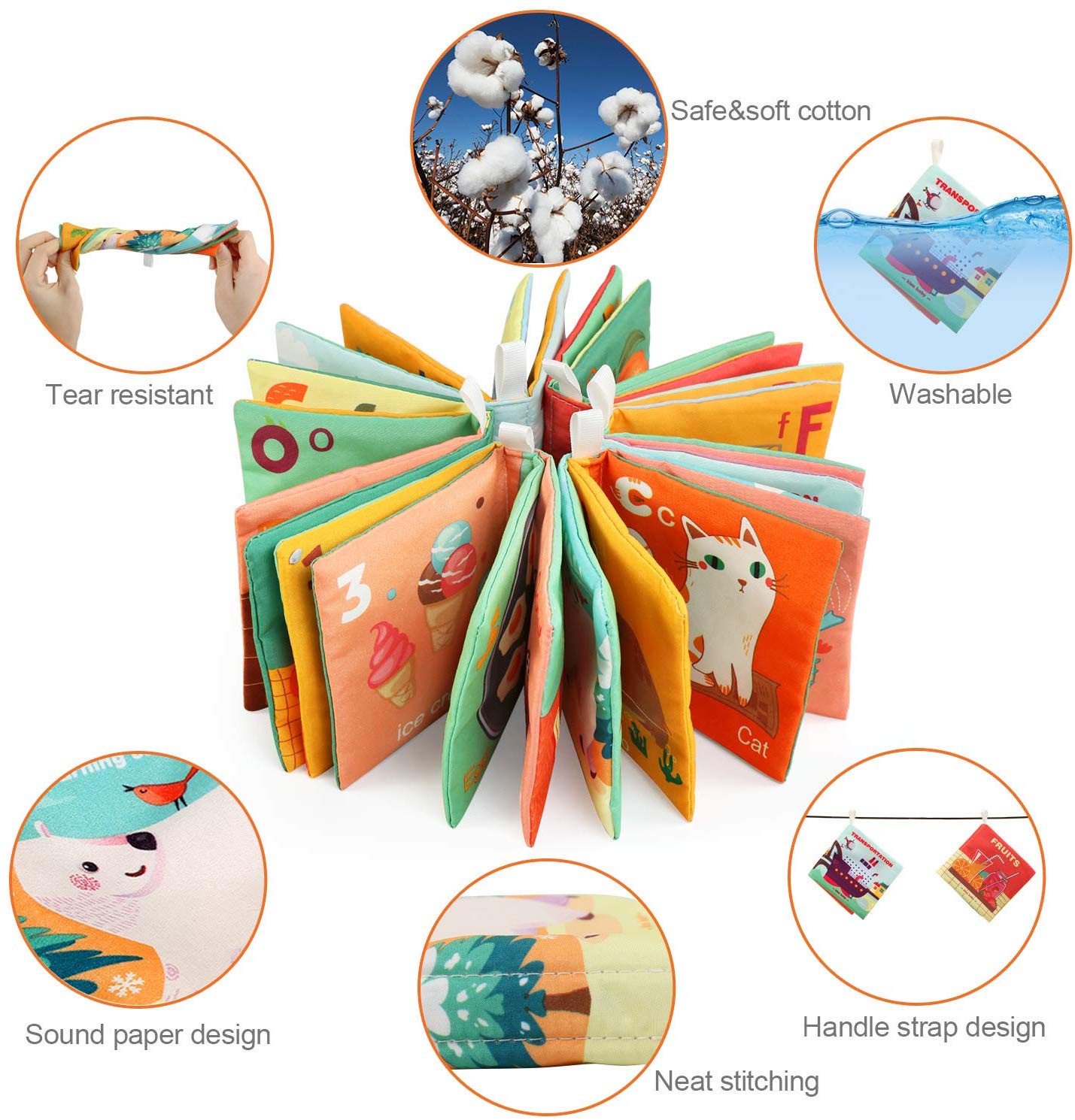 Set 6 carti senzoriale textile pentru bebelusi cu fosnitoare, Multicolor